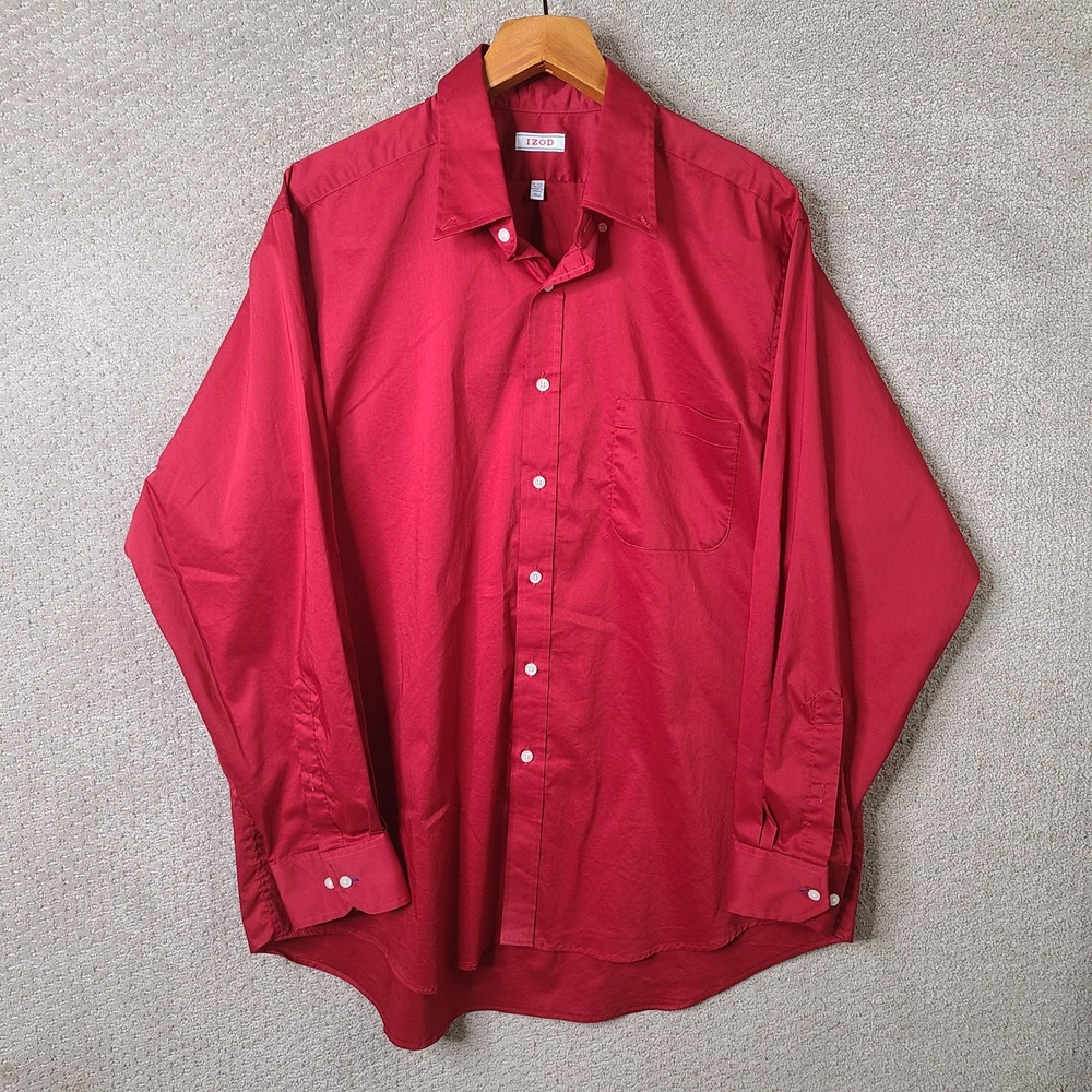 Izod Shirt Mens 17-17.5 34/35 Red Classic Fit Button Down Stretch Cotton Casual